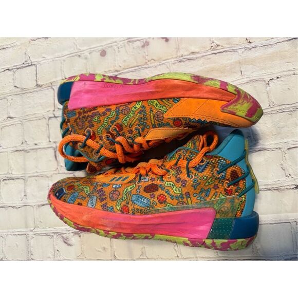 Adidas Men's Size 6 SM Dame 7 Basketball Shoes Orange Maximalist Doodle Print - Picture 15 of 16
